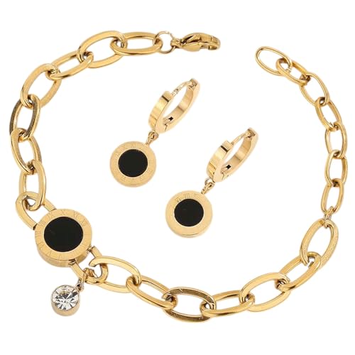 meberg Karma NH10336084 Schmuckset Damen Edelstahl Gold Armband und Ohrringe mit schwarzem Anhänger verstellbar Ohrhänger Set Modeschmuck Geschenk von meberg