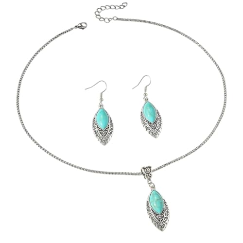 meberg Karma NH10492024 Schmuckset Boho Altsilber Türkis Damen Halskette 44 cm Karabinerverschluss Ohrrringe eleganter Schmuck Steinschmuck Silber von meberg