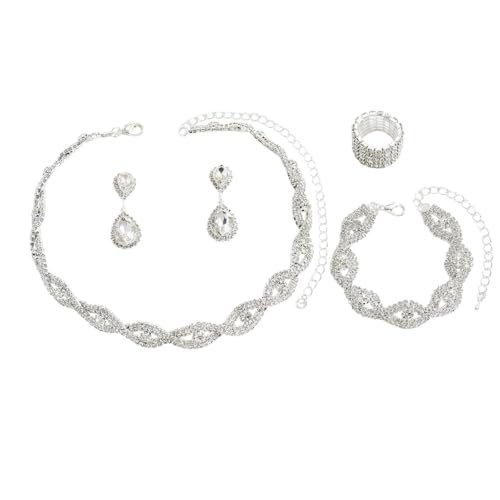 meberg Karma NH10926327 Schmuckset Strass Damen Legierung Silber Halskette 36 cm Ohrringe Armband Ring dehnbar eleganter Schmuck Damenschmuckset Kette von meberg