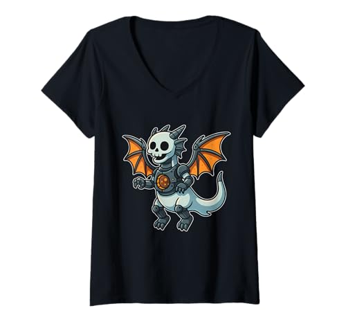 Damen Mecha Drachenskelett T-Shirt mit V-Ausschnitt Damen Mecha Drachenskelett T-Shirt mit V-Ausschnitt von mecha dragon skeleton sci fi wings halloween
