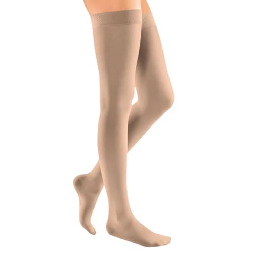 medi Damen Kompressionsstrümpfe Schenkelstrümpfe Oberschenkellang mit angenehmen | CCL2 | Größe: IV | Geschl. Spitze | Normal | Noppen-Haftband Weit | Nude von medi