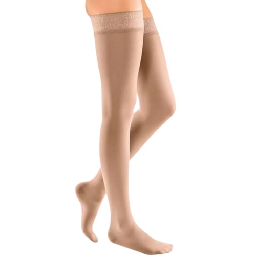 medi mediven elegance - 0250115 Oberschenkellange Damen Kompressionsstrümpfe mit geschlossener Spitze | CCL2 | Trikotrand | Caramel | Gr. V kurz von medi
