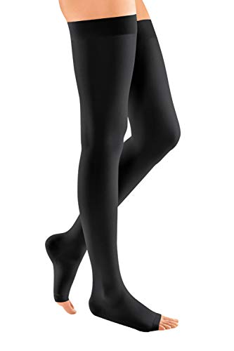 medi mediven elegance - 0260504 Oberschenkellange Damen Kompressionsstrümpfe mit offener Spitze | CCL2 | Trikotrand | Schwarz | Gr. IV normal von medi
