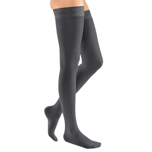 medi mediven elegance - 0268A03 Oberschenkellange Damen Kompressionsstrümpfe mit offener Spitze | CCL2 | Weites Noppen-Haftband | Anthrazit | Gr. III normal von medi
