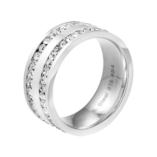 meditoys · Ring aus Edelstahl für Damen · Exklusiver Damenring aus poliertem Edelstahl mit zwei Reihen umlaufenden Kristallsteinen · topmodisches Schmuckstück · Breite 7,5mm von meditoys