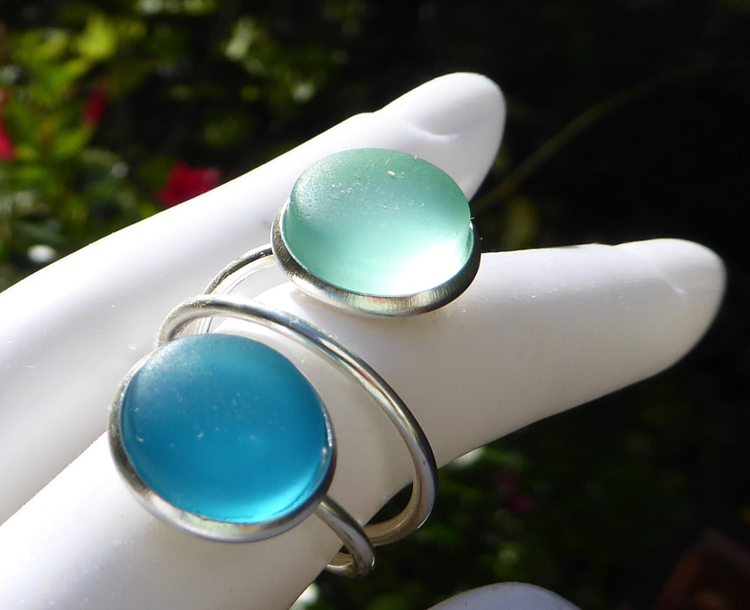 Doppelring Mit Seeglas in Hell - Und Dunkeltürkis , Silberfarbend von meersusedesign