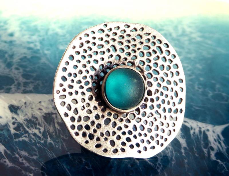 Großer Ring Mit Petrolfarbenem Seeglas , Silberfarbend Verstellbar von meersusedesign