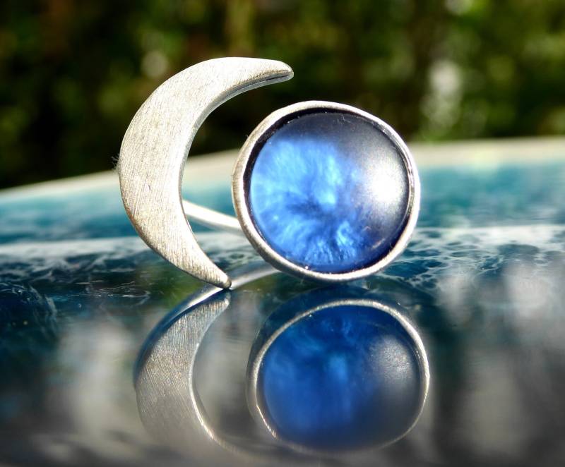Mond-Erde-Ring Mit Blauem Seeglas , Silberfarbend Verstellbar von meersusedesign