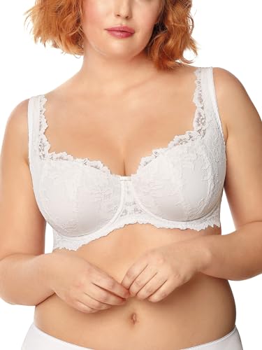 Nipplex Telimena Damen Balconette-BHGepolsterte, Nahtlose Vollkörbchen mit Spitzenbesatz und verstellbaren Trägern Betont wunderbar Dekolleté Weiß, 70G von mefemi