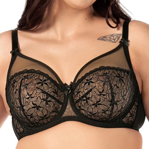 mefemi - Elisabeth Soft - Damenbüstenhalter mit Bügel, Trägern und Spitze - Minimizer - Weich - Große Größen - BH für große Busen - Unterwäsche Frauen - Dessous - Elegant - Schwarz - 95D von mefemi