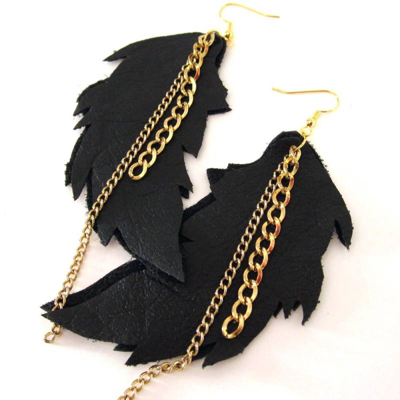 Leder Feder Ohrringe Mit Multi Lange Goldkette von meganleone