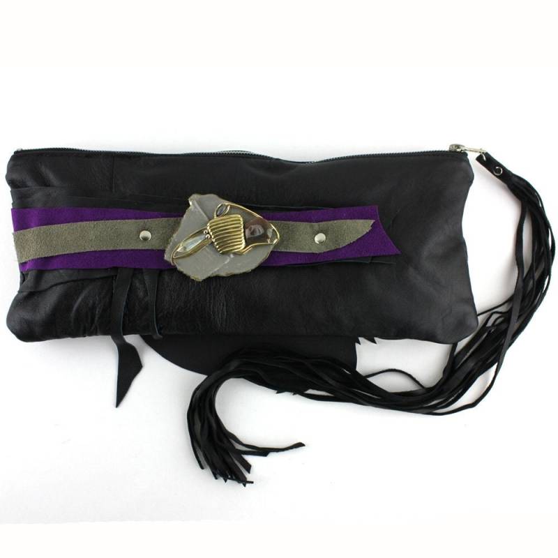 Schwarz Lila & Grau Leder Handgelenk Clutch Geldbörse Mit Abstrakte Brosche - Handgefertigtes Nachhaltiges Design/statement Tasche von meganleone