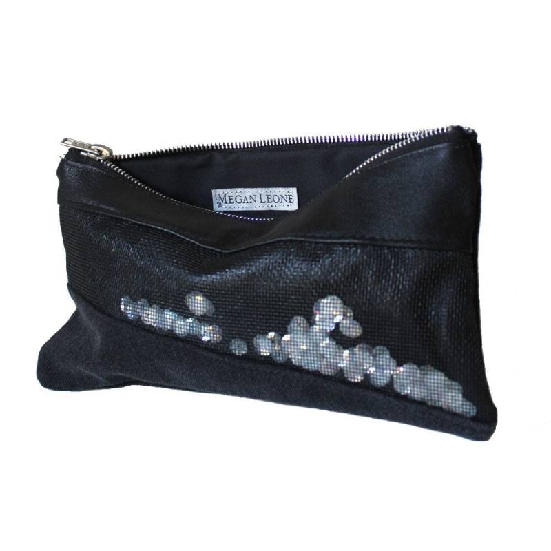 Schwarz & Weiss Pailletten-Leder-Clutch/Kleine Pailletten-Clutch Denim-Leder Reißverschlusstasche Upcycled Leder-Denim-Reißverschlusstasche von meganleone
