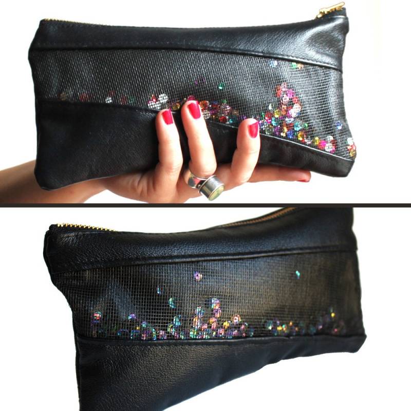 Schwarzes Leder Mitternacht Blau Pailletten Clutch Geldbörse/Reißverschluss Tasche Eco Upcycled Beutel Funkelnde Kupplung Glam von meganleone