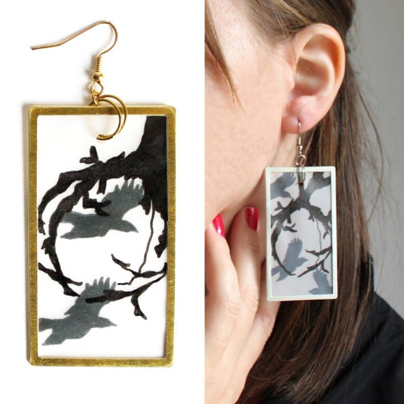 Vögel in Olive Branch Von Hand Gezeichnet Rechteckigen Rahmen Ohrringe von meganleone