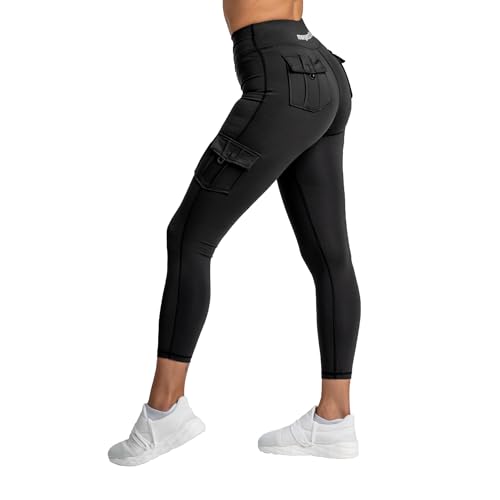 megasstic Cargo Damen-Leggings mit Taschen, Push-Up-Effekt, Undurchsichtig, Super Weich, Glatter Stoff, Dehnbar, Atmungsaktiv, Bequem (DE/NL/SE/PL, Alphanumerisch, S, Regular, Onyx) von megasstic