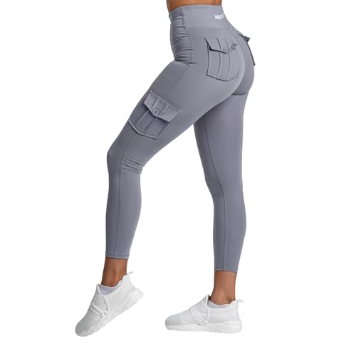 megasstic Cargo Damen-Leggings mit Taschen, Push-Up-Effekt, Undurchsichtig, Super Weich, Glatter Stoff, Dehnbar, Atmungsaktiv, Bequem (DE/NL/SE/PL, Alphanumerisch, S, Regular, Smoke) von megasstic