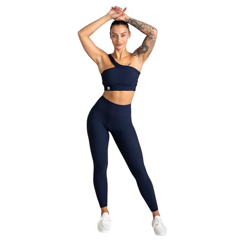 megasstic Harmony Workout-Set, 2-teiliger Trainingsanzug, Leggings, Sport-BH, Top, Blickdicht, Hohe Taille (DE/NL/SE/PL, Alphanumerisch, M, Regular, Regular, Dunkelblau mit One-Shoulder-Top) von megasstic