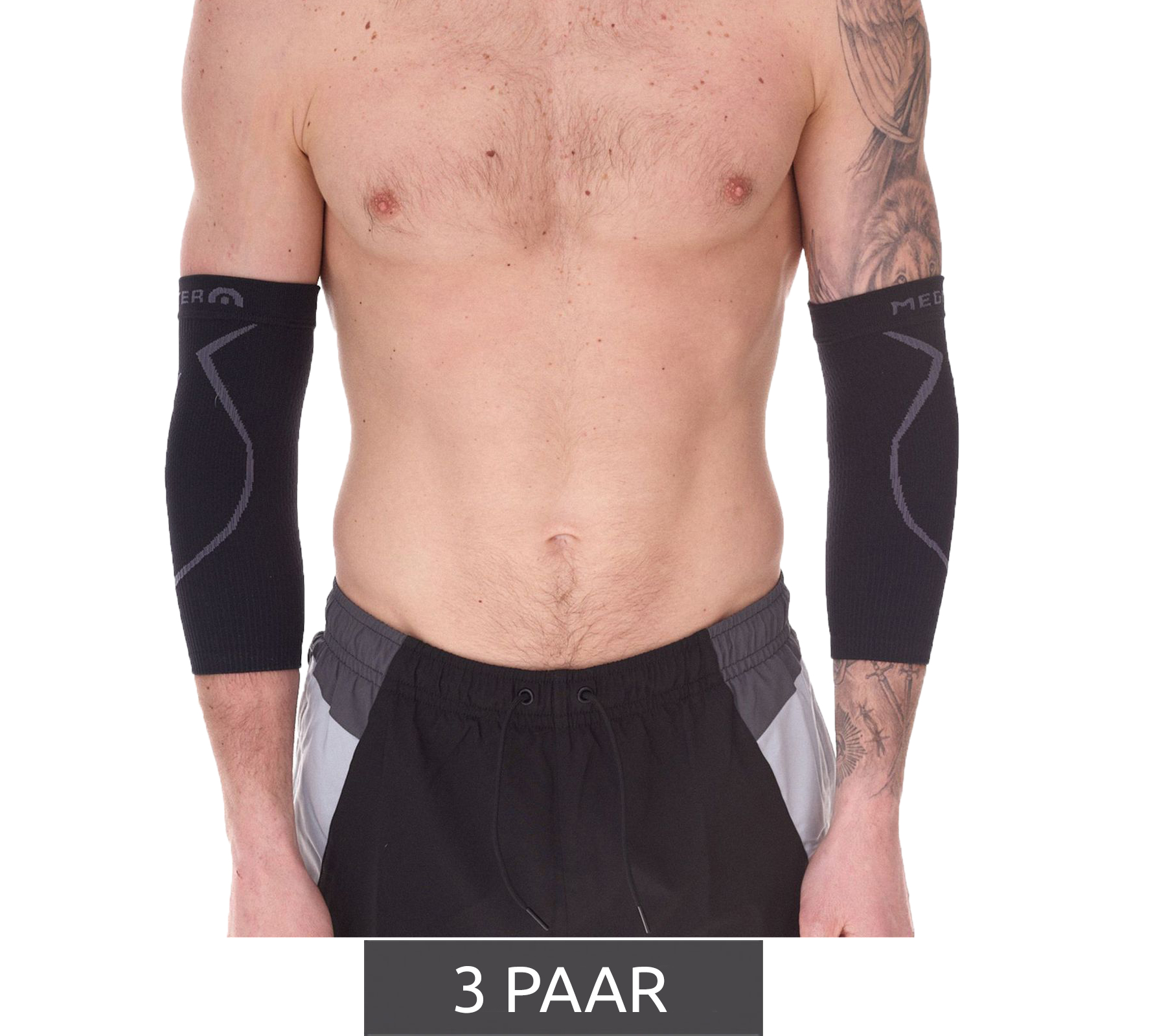 3 Paar megmeister Ellenbogen Kompressions-Manschette Beinlinge 23-32 mmHg Ellenbogenwärmer MER002 Schwarz/Grau von megmeister
