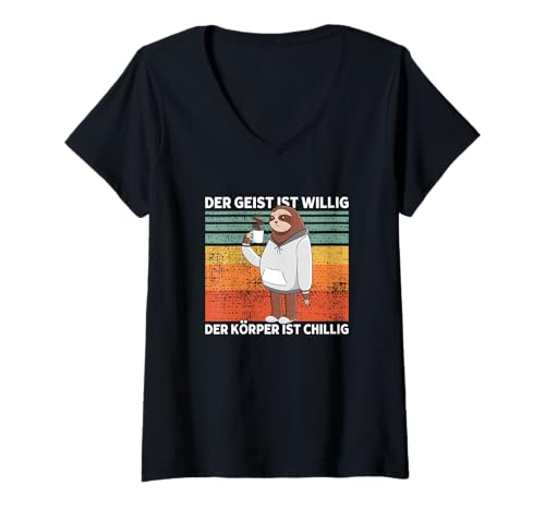 Damen Der Geist Ist Willig, Der Körper Ist Chillig Süßes Faultier T-Shirt mit V-Ausschnitt Damen Der Geist Ist Willig, Der Körper Ist Chillig Süßes Faultier T-Shirt mit V-Ausschnitt von >>mehr Vintage Faultier und Faultier Spruch hier