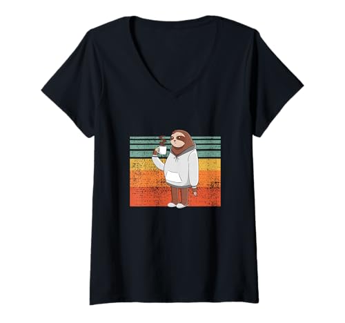 Damen Retro Sunset Süßes Faultier T-Shirt mit V-Ausschnitt Damen Retro Sunset Süßes Faultier T-Shirt mit V-Ausschnitt von >>mehr Vintage Faultier und Faultier Spruch hier