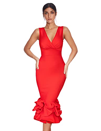 Damen Midi-Cocktailkleid, ärmellos, V-Ausschnitt, figurbetont, Meerjungfrau, rot, Klein von meilun