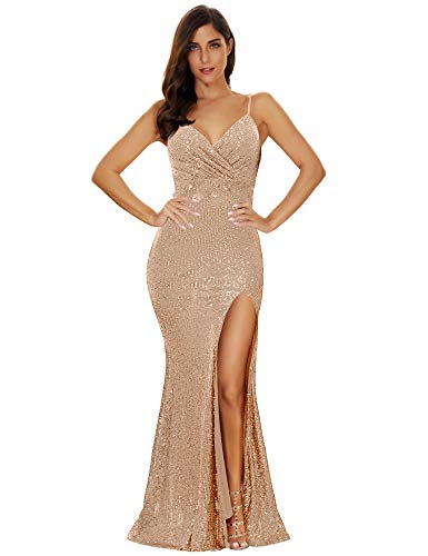 Damen Split Side Funkelnde Pailletten Träger Maxi Lang Abend Ballkleid - Beige - Klein von meilun