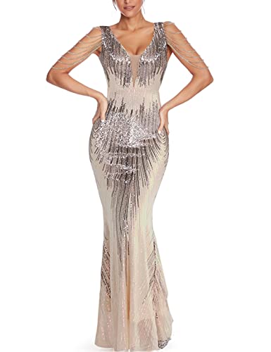 Damen V-Ausschnitt Pailletten Formell Abendkleid Quaste Perlenärmel Meerjungfrau Langes Kleid 1920er Party Maxi Militär Kleid, Buntes Beige, Mittel von meilun