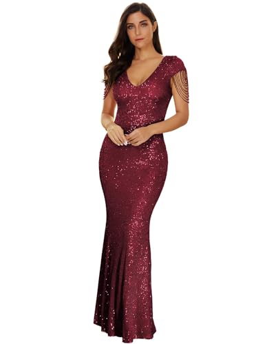 Damen V Ausschnitt Pailletten Meerjungfrau Kleid Lang Prom Abend Party Kleid - Violett - X-Groß von meilun