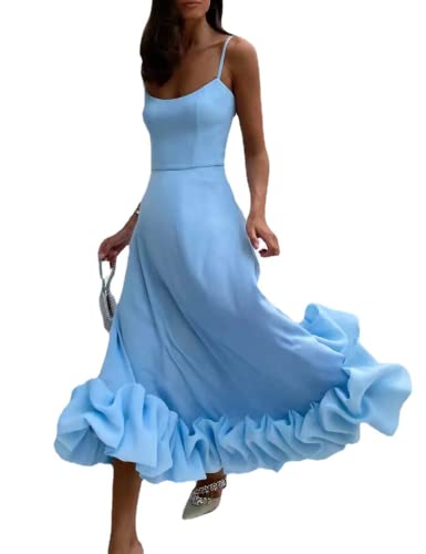 Elegante Midi-Cocktailkleider für Damen mit Rüschensaum, formelles Kleid, Blau, Mittel von meilun