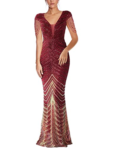 Frauen V-Ausschnitt Pailletten Meerjungfrau Kleid Lange Prom Abend Party Kleid, C-Wein2, Mittel von meilun