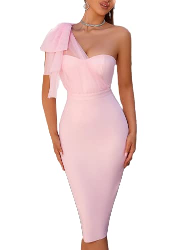 One Shoulder Formal Kleid mit Rüschen Midi Bodycon Partykleid für Hochzeitsgäste, Pink, Klein von meilun