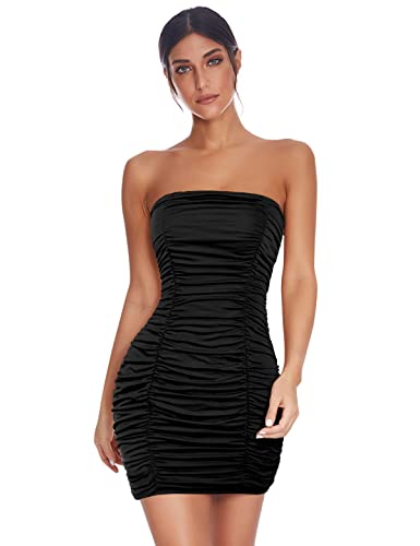meilun Damen Ärmellos Gerafft Trägerlos Mini Bodycon Kleid Kurz Bleistift Party Kleider, schwarz, X-Klein von meilun