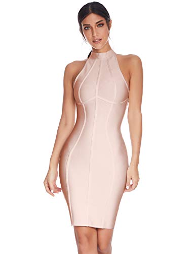 meilun Damen High Neck Sleeveless Striped Bodycon Midi Cocktail Party Bandage Kleid - Beige - Klein von meilun