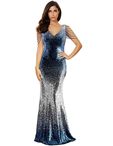 meilun Damen V-Ausschnitt Pailletten Formal Kleid Fransen Perlen Ärmel Abendkleider Party Maxi Kleid, B-blau&silber, X-Groß von meilun