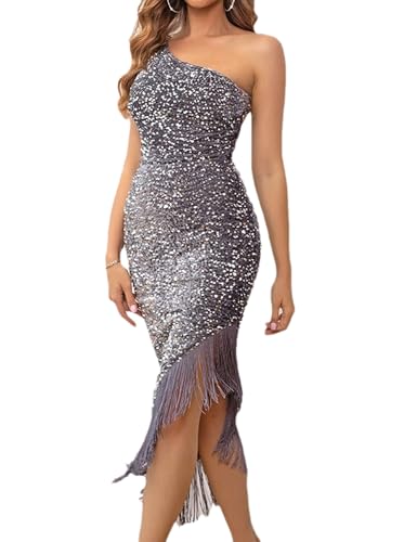 meilun Einschultriges Paillettenkleid für Damen, formelles Abendkleid, glitzerndes Midikleid mit asymmetrischer Quaste, C-grau, Mittel von meilun