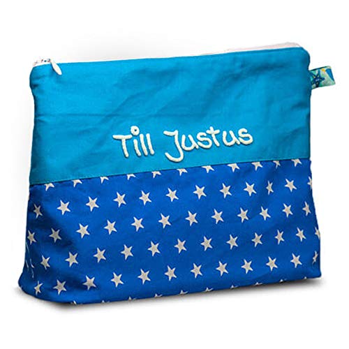 Waschtasche Sterne mit Namen, Kosmetiktäschchen personalisiert, Waschbeutel, Kinderbeutel, Reisebeutel, Kosmetiktasche Kinder (1012_29 Kobalt blau) von MEIN NAME
