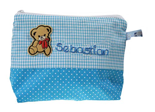 Waschtasche Teddy Bärchen Teddybär mit Namen, Kosmetiktäschchen personalisiert, Waschbeutel, Kinderbeutel, Reisebeutel, Kosmetiktasche Kinder, Farbe:türkis von Mein-Name