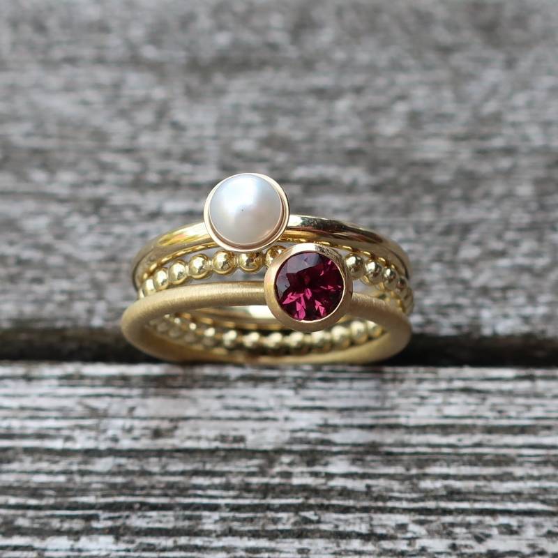 3 Gold Ringe Kugelring 1, 8 Mm Ring Mit Perle Un Rosa Turmalin Verlobungsring von meinWerkk