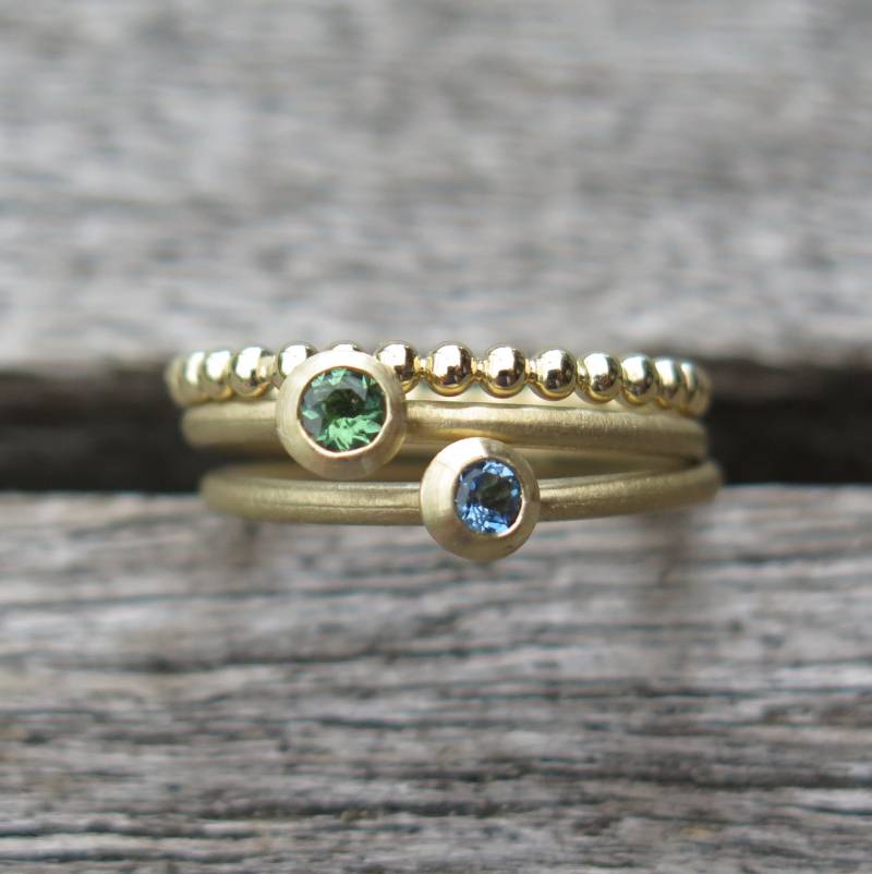 3 Stapelringe Gold Mit Turmalin Und Aquamarin, Kugelring von meinWerkk