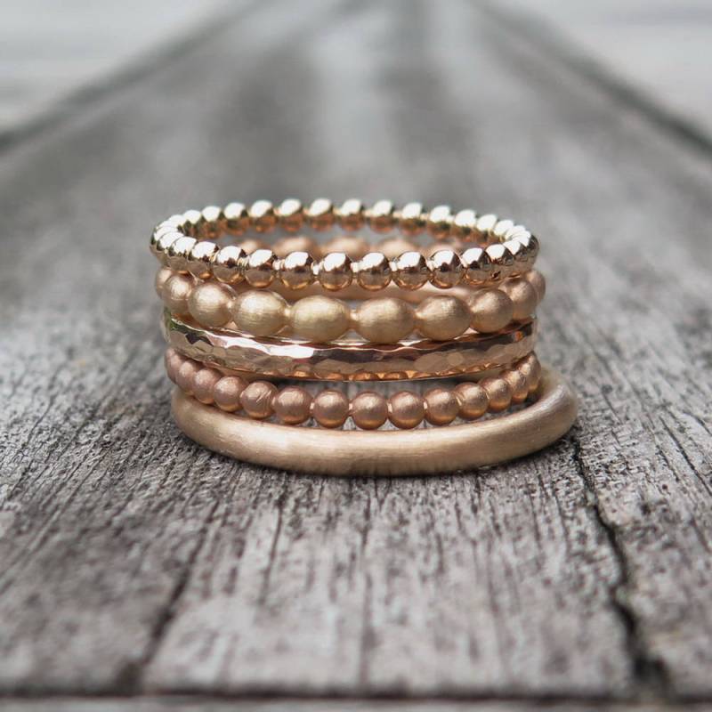 5 Stapelringe 585 Roségold Kugelring Olivenring Reif Hammerschlag Matt Und Glänzend von meinWerkk