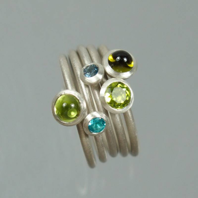 5 Stapelringe 925 Silber Grüner Peridot Apatit Aquamarin Turmalin Kombinierbar von meinWerkk