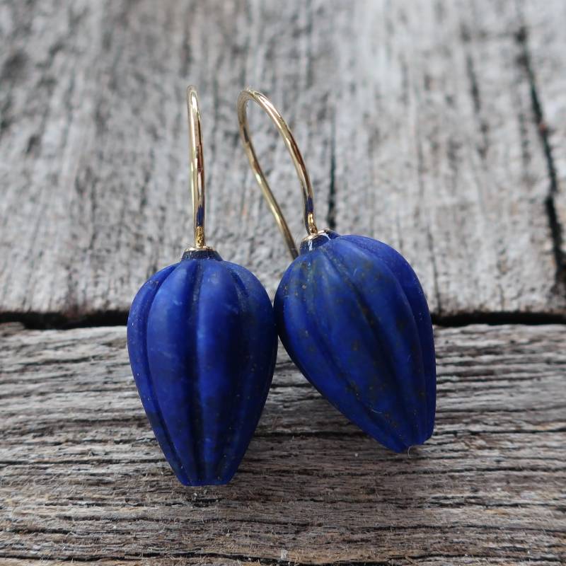 585 Gold Ohrringe Gravierte Lapis Lazuli Tropfen 15 X 10 Mm Unikat Goldschmiedearbeit Meisterarbeit von meinWerkk