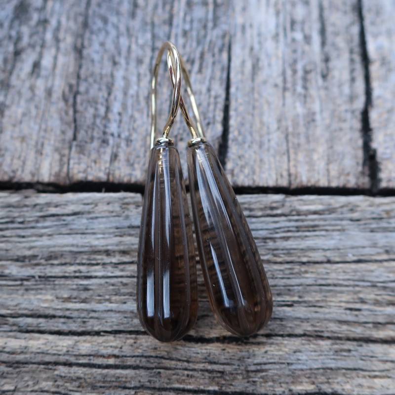 585 Gold Ohrringe Gravierte Rauchquarz Pampel 22 X 7 Mm Unikat Goldschmiedearbeit Meisterarbeit von meinWerkk