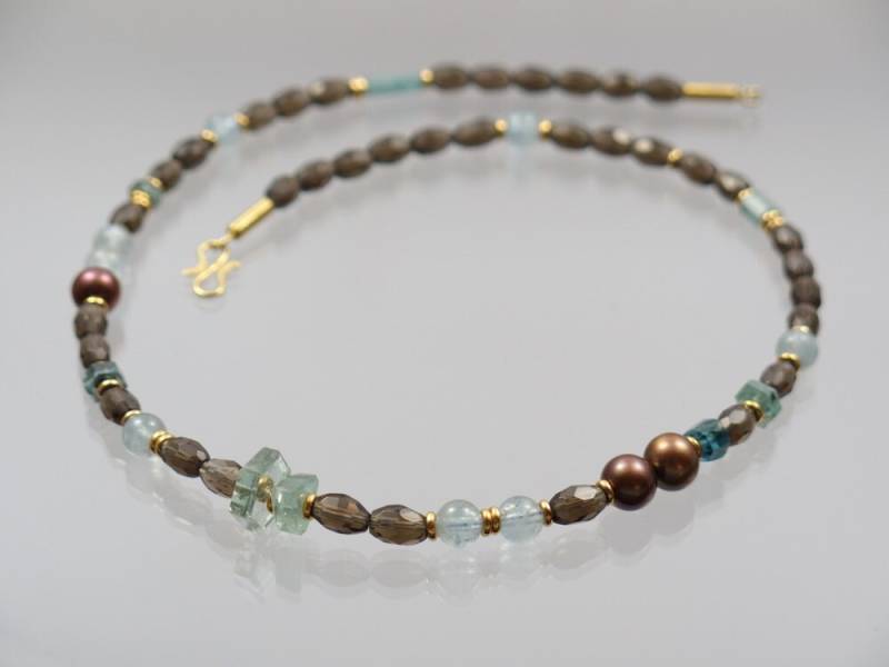Rauchquarz Kette Aquamarin Turmalin Perlen 585/ - Unikat Goldschmiedearbeit Meisterarbeit von meinWerkk