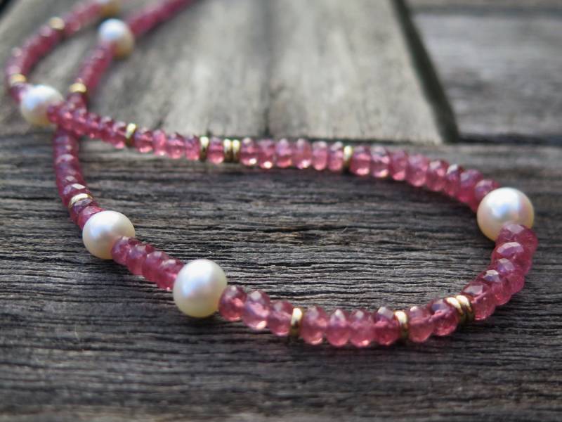 Rosa Turmalinkette Mit Perlen Und 585/ - Gold Unikat Goldschmiedearbeit Meisterarbeit von meinWerkk