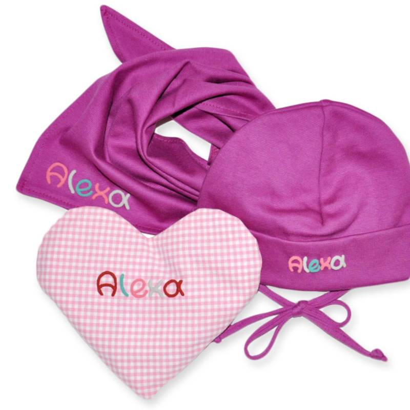 Geschenkeset "Mit Herz" Taufgeschenk Mädchen Rosa Pink Blau Hellbau Bestehend Aus Babymütze Halstuch U. Wärmekissen Geschenk Geburt von meinnameManufaktur
