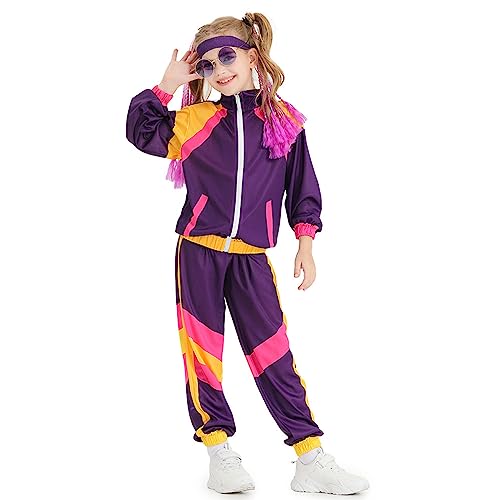 meiodtion Karneval Kostüm Kinder 80er Jahre Outfit Kinder Trainingsanzug Jacke Hose Anzug Fasching Kostüm Kinder Jogginganzug Mädchen Retro Anzug Kostüm Set Karneval Kostüm für 2-12 Jahre von meiodtion