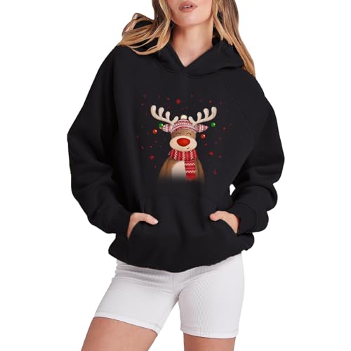 meiodtion Pullover Damen Weihnachts Elch Print Muster Damen Pulli Casual Hoodie Langarm Sweatshirt Mit Kapuze Tasche Teenager Mädchen Herbst Winter Outerwear Oberteile Sweatjacke von meiodtion