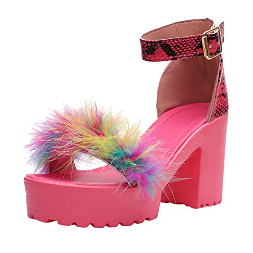 meiodtion Sandaletten Sommer Offene Zehe Mit PlüSch Dicker Sohle Sandalen Damen Mit Hohem Absatz Elegant Slingback Sandalen Damen Flache Sandaletten Strand Schuhe Frauen GrößE 37-42 von meiodtion